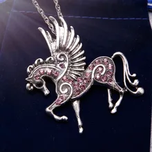 Pink Ruby Emerald Rose Smoky Amber Clear or Crystal Necklace Women Long Jewelry Sweater Necklaces Antique Silver Horse with Wings Pendants Necklaces Fashion
