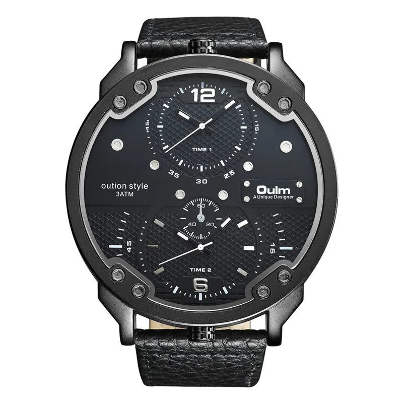 Oulm 3548M Double Time Zone Sports Watches Men Luxury Brand Big Dial Sport Wristwatch Male Quartz Leather Strap Watch 