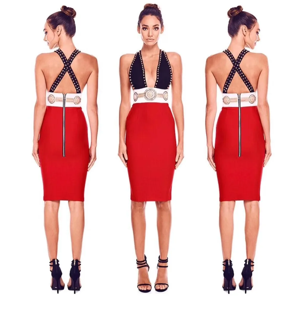 Top Quality Sexy V Neck Patchwork Rivet Bandage Dress 2018 Knitted