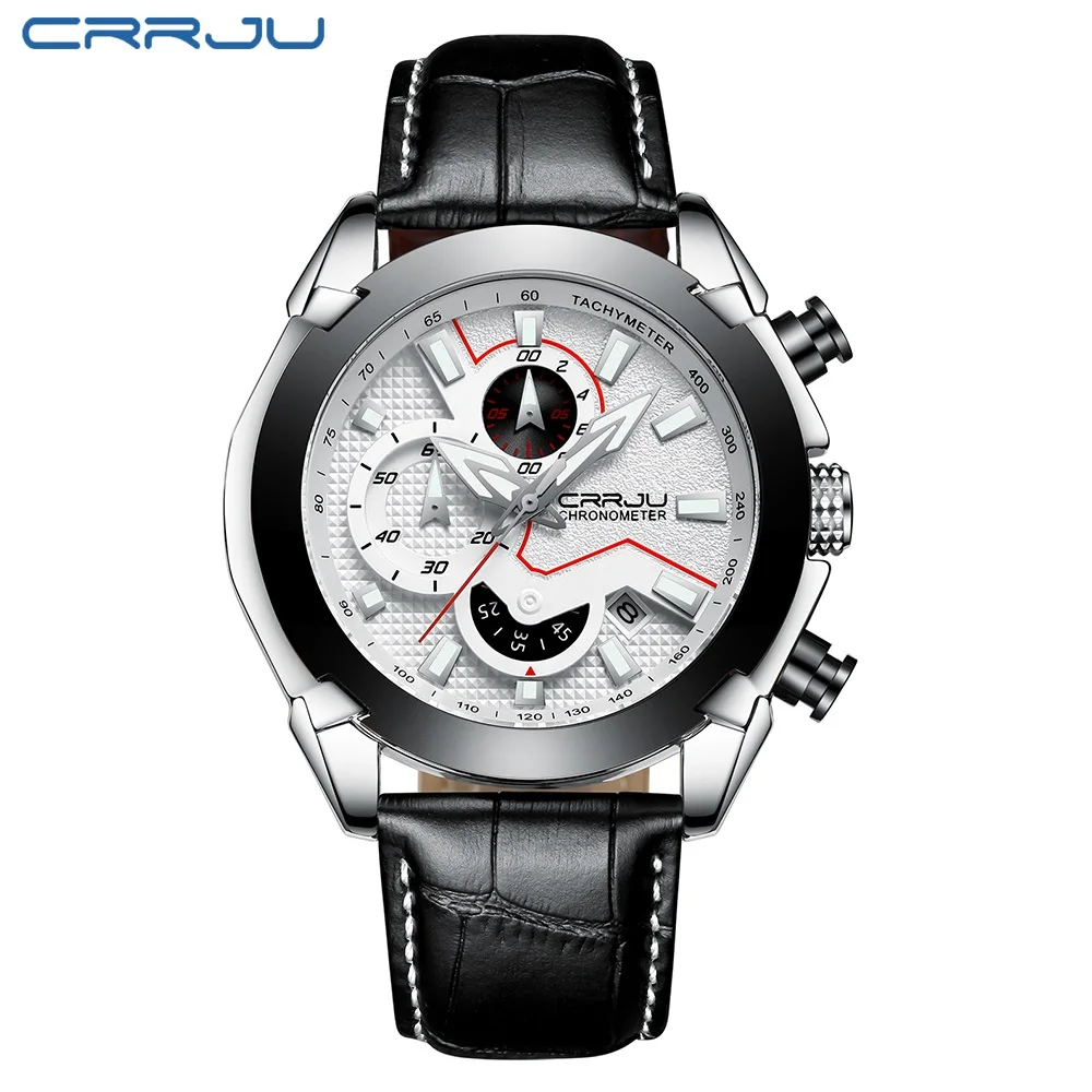 Мужские часы CRRJU, мужские кожаные часы, новые мужские автоматические кварцевые часы с датой, мужские роскошные Брендовые спортивные часы с большим лицом - Цвет: black silver white
