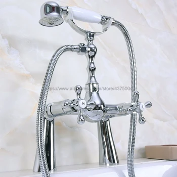 Polished Chrome Bathroom Shower Faucet Bath Faucet Double Cross Handles With Hand Shower Head Set Deck Mounted Nna129 double handles 3pcs waterfall chrome polished basin faucets deck mounted