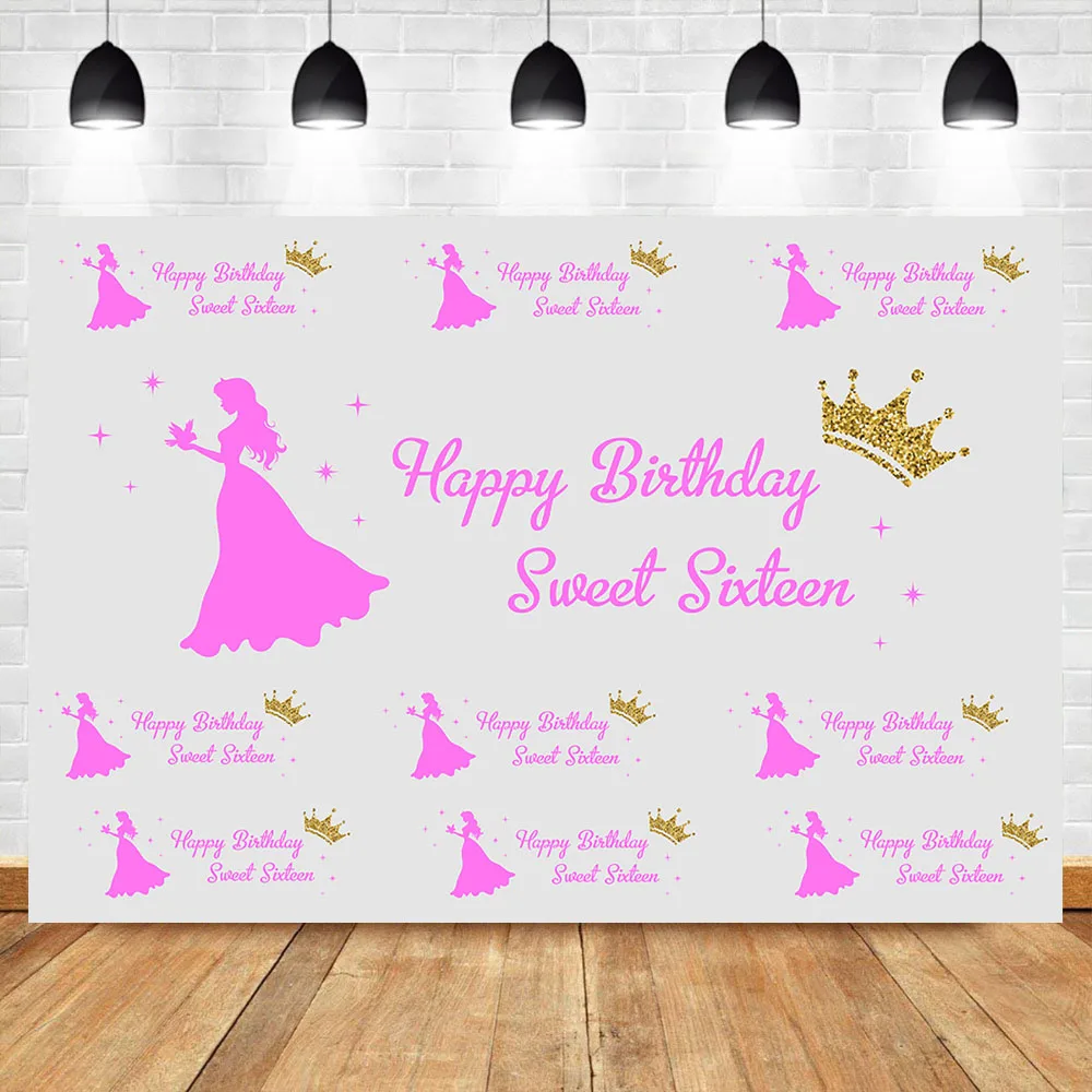 

NeoBack Happy 16th Birthday Party Banner Photography Backdrops Pink Princess Crown Repeat Background for Photo Shoots