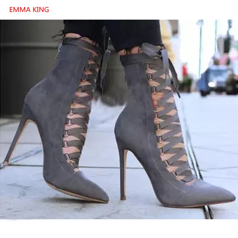 

2018 Fashion Pointed Toe Women Ankle Boots Flock Hollow High Heels Pumps Lace Up Women Autumn Winter Roman Shoes Martin Boots