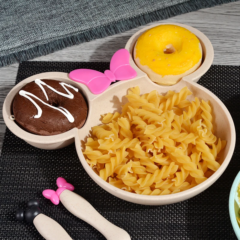 Children Baby Bamboo Tableware Solid Feeding Mickey Dishes Baby Bowl Plate Food Feeding Dinnerware Set Plates for Children