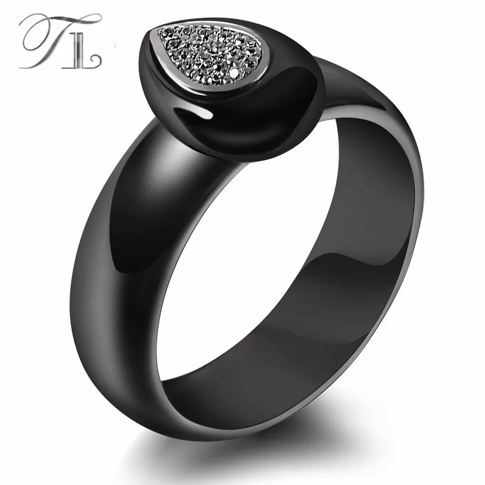 

TL Fashion Ceramic Ring Water Drop Surface Stainless Steel Silver Unique Wedding Rings Anniversary Present Ceramic Zircon Rings
