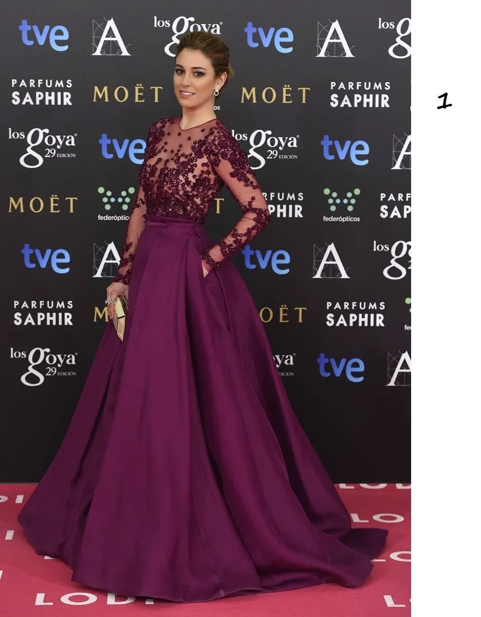  T-52 Top Quality Customized Sexy Sheer Tulle Crystal Beads Long Sleeve Purple Evening Gown Hot Red Carpet Celebrity Dresses 2016 