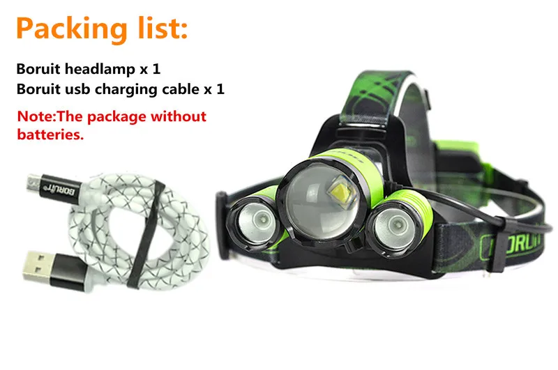Boruit Searchlight for hunting Lantern on the forehead Front Head Light led head lamp usb rechargeable 3 led bicycle headlight Power by 18650 (15)