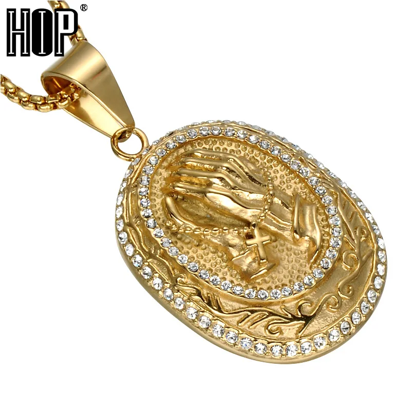 

HIP Hop Iced Out Bling Full Rhinestone Praying Hands Men Pendants Necklaces Gold Color Big Prayer Jesus Necklace Jewelry