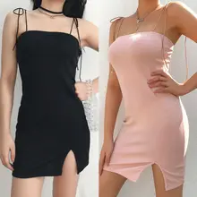 Women Sexy Spaghetti Strap Dress Solid Color Mini Bodycon Slim Clubwear Party chic spaghetti strap backless bodycon solid color dress for women