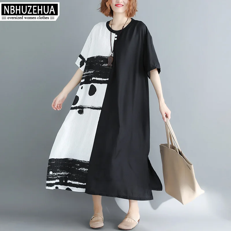 

NBHUZEHUA A339 Big Size Women Dress Chinese Style Black With White Linen Long Dress Loose Summer Female Vintage Dress 4XL 5XL