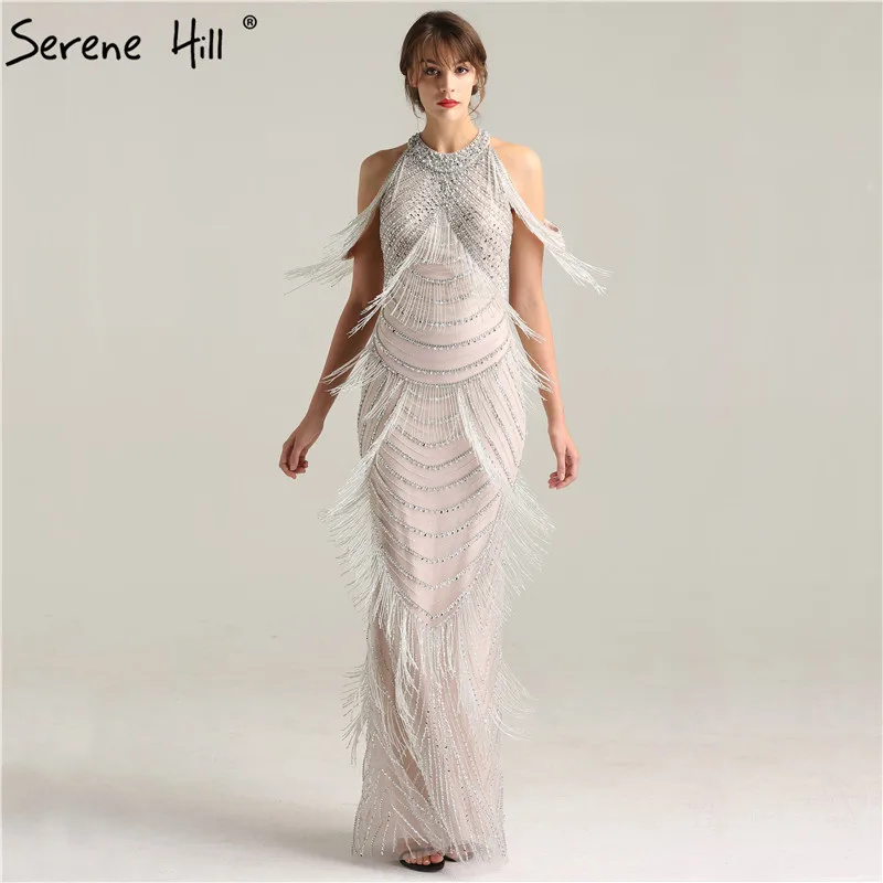 

2019 New Design Tassel Mermaid Evening Dresses Sexy Backless Floor Length Prom Party Gown Real Picture Robe De Soiree BLA6229