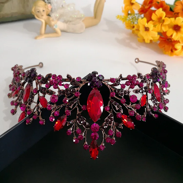 Свадебная Корона-Тиара в стиле барокко из бронзы, фиолетового и розового кристаллов, винтажные золотые аксессуары для волос, свадебные стразы, диадема, пышные короны