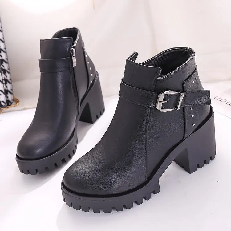 Botas mujer; модные женские ботинки на квадратном каблуке и платформе; zapatos mujer; ботфорты из искусственной кожи; мотоботы