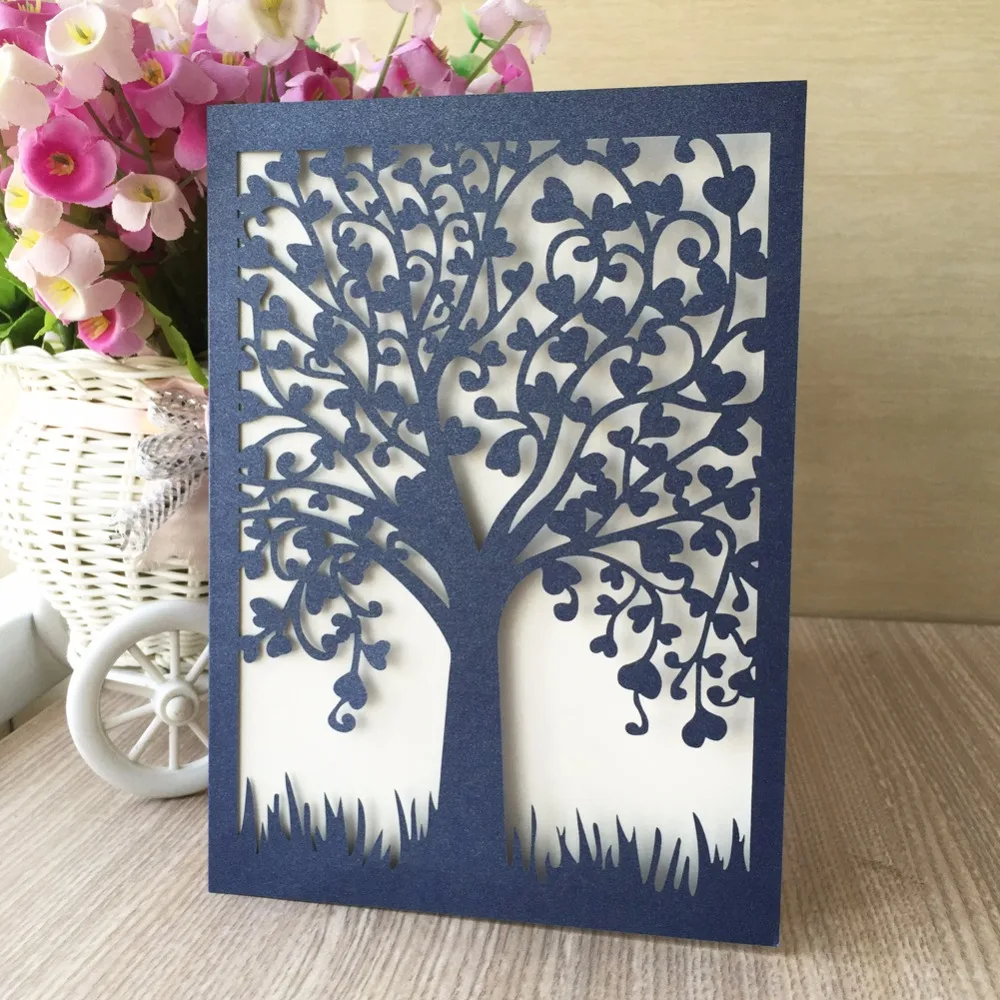 

35pcs/Lot Laser Cut Tree Inviting Card Paper Party Event Supplies Decoration Luxury Romantic Wedding Invitation With 21 colors