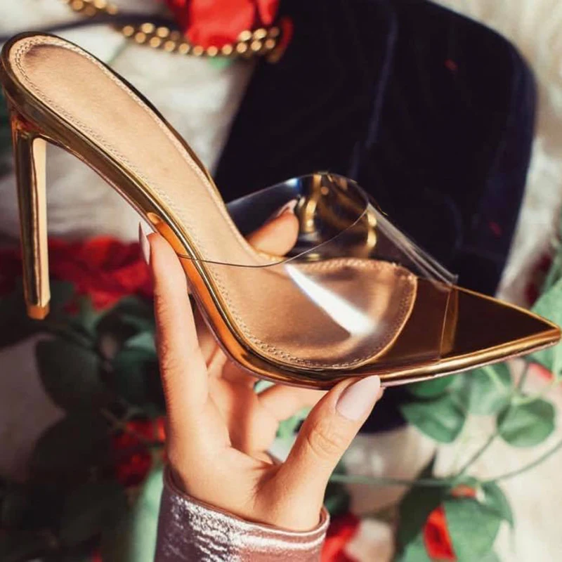 

2019 Summer Women 11cm High Heels Mules Stiletto Heels Sexy Slides Female Transparent Heels Peep Toe Slippers Gold Shoes YFD-118