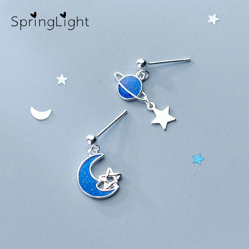 

SpringLight Blue Planet Soon Earring Design Real 925 Sterling Silver Fine Jewelry Cute Star Long Drop Earrings for Women Gift