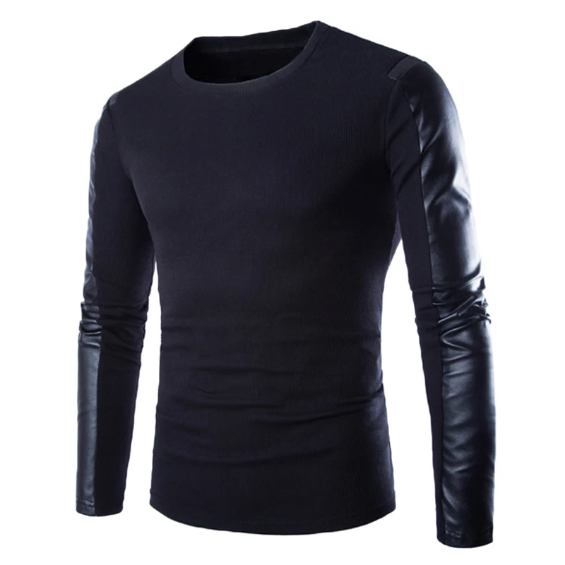 

High Quality Brands New Autumn Winter Men'S Sweater Man O-Neck Jumpers Long Sleeve PU Leather Patchwork Pullover Male Puls Size