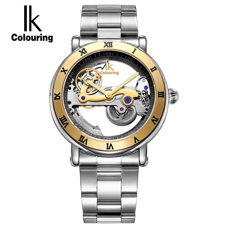 Автоматические механические часы для мужчин, роскошные брендовые часы из розового золота, чехол из натуральной кожи, прозрачные полые водонепроницаемые часы 50 м - Цвет: Stainless gold