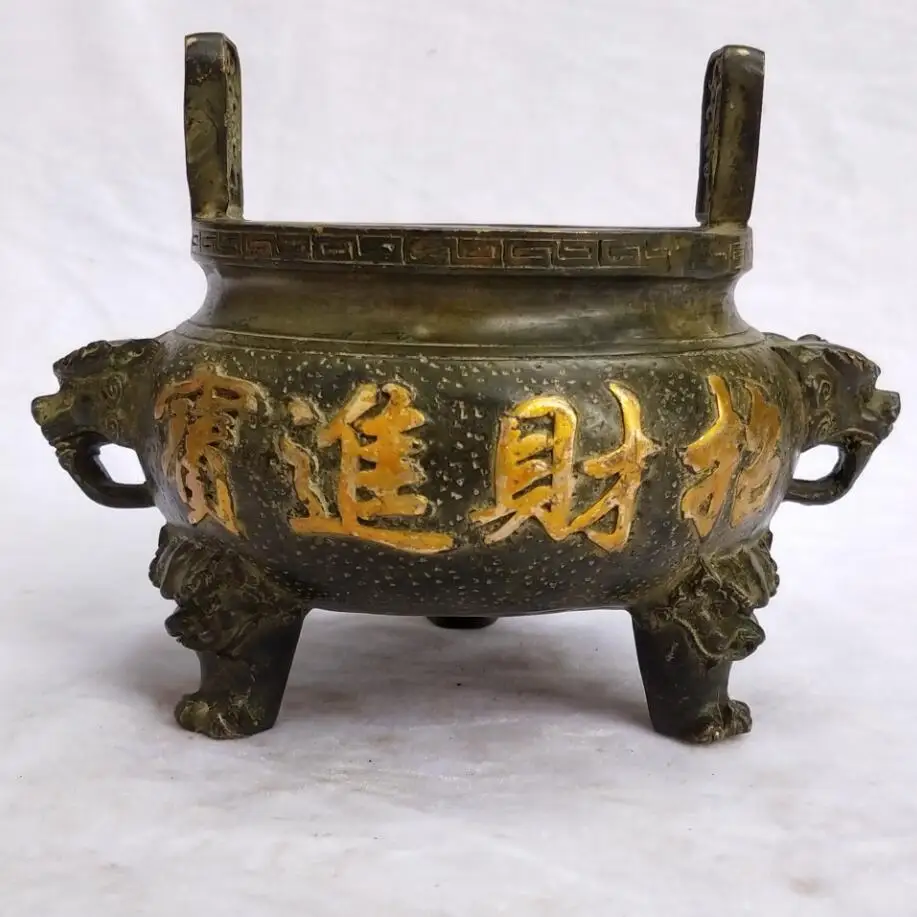 

Chinese Antique Incense burner collection old bronze carved wealth tripod home art decoration Metal tripod