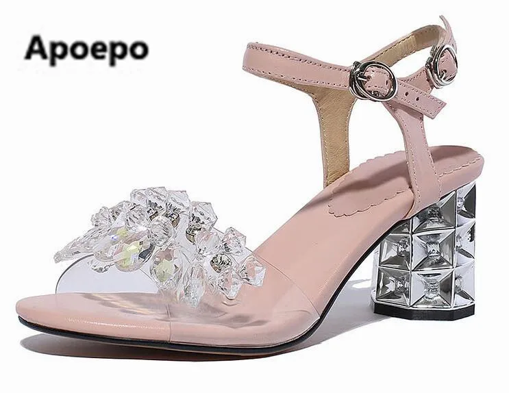 

2017 summer hot selling thick heels woman sandal transparent PVC patchwork crystal embellished high heel sandal open toe sandal