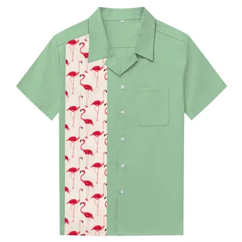 

Hot Sale Cotton Men Shirt Camisa Social Masculina Pink Flamingo Printing Panel Hawaiian Shirts Rock Casual XXL Size Mint Green