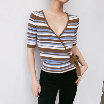 

Oblique Placket Half Sleeve Knitted Deep V-neck Lace Up Knitted Top T-shirt Solid Waist Bow Lace Up Casual Korean Style T-shirt