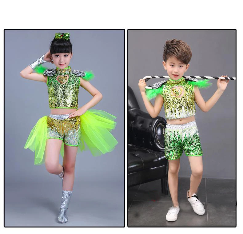 

Kid boy girl sequin jazz costume green pink red hip hop costume modern dance performance wear skirt suit dress clothes