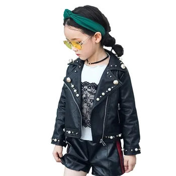 

Autumn Motorcycle Kids Jacket PU Leather Girls Jackets Pearl Patchwork Children Outwear For Baby Girls Clothing Boy Kids Costume