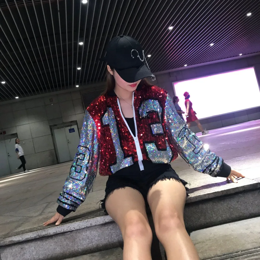 Promo  Greek Fashion lady streetwear coat 13 sequins zip up long sleeve sporty bat sleeved Sorority jacket