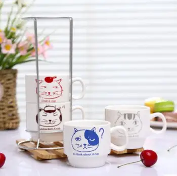 

Porcelain Stackable Tea Coffee Mugs Cups with Chrome Rackt, Pack of 4