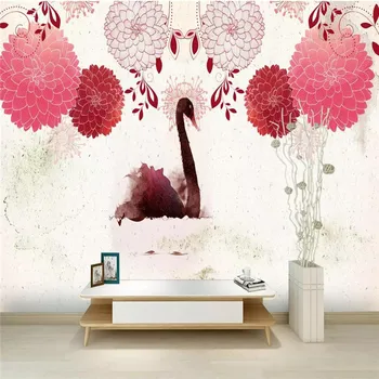 

Custom wallpaper modern hand-painted garden plants swan small fresh background wall painting waterproof material