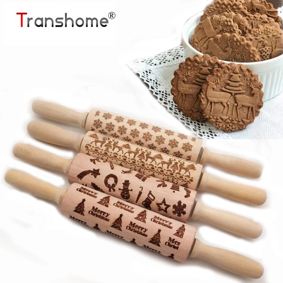 Transhome Rolling Pin Cake Christmas Embossing Carved Wood Rolling Pin