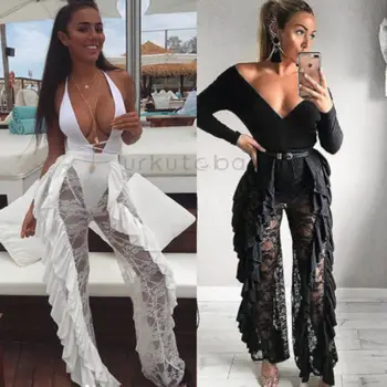 

Summer Women Sexy High Waist Capris See-Through Lace Mesh Pants Summer Beach Long Pants Ruffled Casual Trousers Fashion