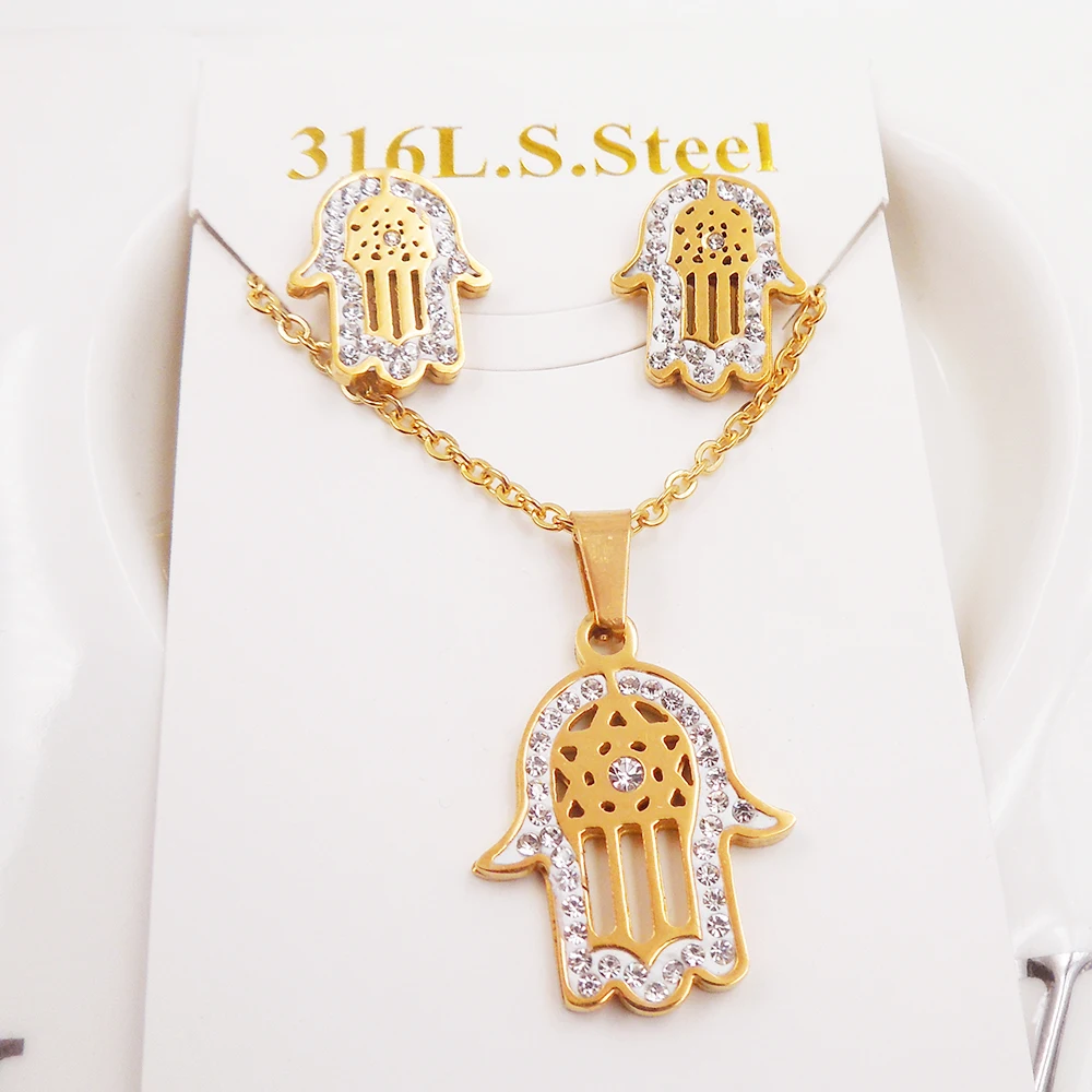 

Cute Women Stainless Steel Necklace Party,Hexagram palm Rhinestone Earrings Pendant Necklace set jewelry EV-G142