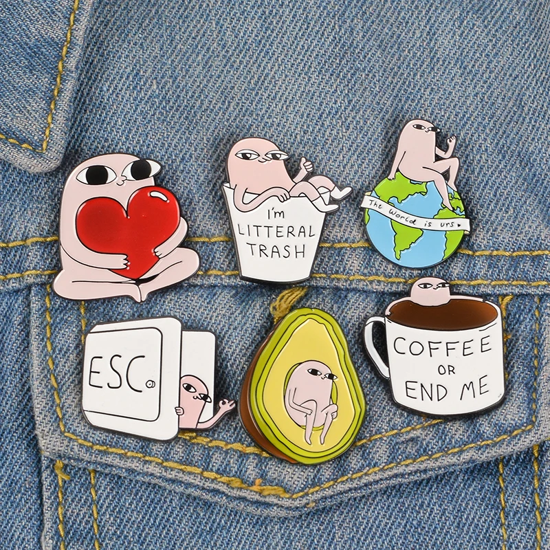 Ketnipz Meme Alloy Creative Pink Avocado Coffee "The World Is Urs" Globe Love Enamel Lapel Pins Brooch Badge Gift Jewelry