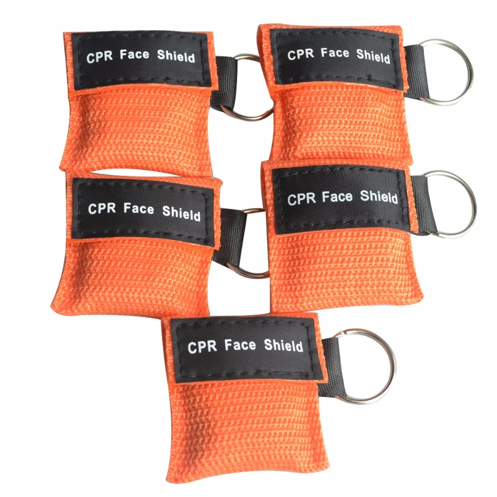 500Pcs/New Mini CPR Resuscitator Mask Keychain Key Ring CPR Face Shield With One-way Valve Orange Nylon Bag Anti Proof