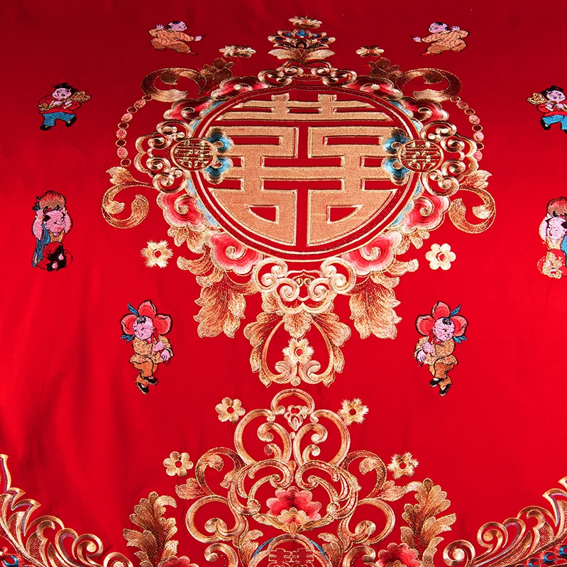 Luxury Gold Royal Embroidery 100% Cotton Red Chinese Style Wedding 4/6/9pcs Bedding Set Duvet Cover
