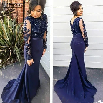 

Royal Blue Muslim Evening Dress 2019 Mermaid Long Sleeves Lace Bead Islamic Dubai Saudi Arabic Long Evening Gown Prom Dress