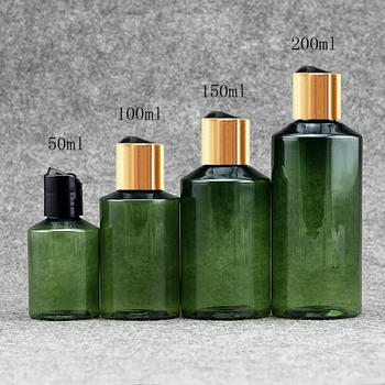

40pcs 100ml 150ml 200ml gold Disc top Cap green bottle Empty Plastic Bottle PET Lotion Bottle plastic empty bottles for Shampoo