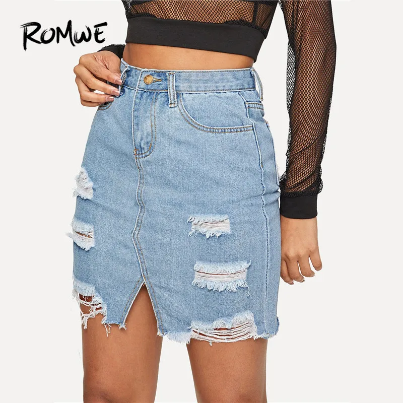 

ROMWE Blue Casual High Waist Split Ripped Hem Straight Denim Short Skirts Women Summer Sexy Hole Solid Mini Skirts