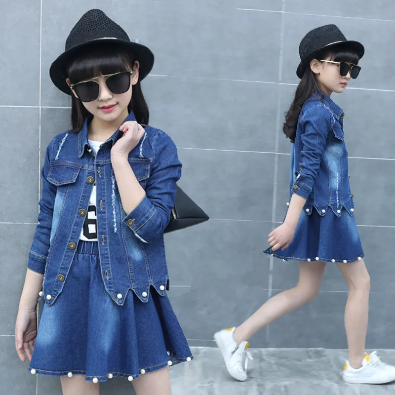 Girls Jeans Dress Sets Clothes Children Denim Jeans Coat+Long Sleeve Mesh Dress 3PCS Dress Sets