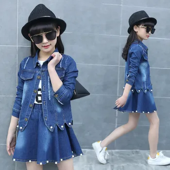 

Girls Jeans Dress Sets Clothes Children Denim Jeans Coat+Long Sleeve Mesh Dress 3PCS Dress Sets Kids Two Piece Dress Sets