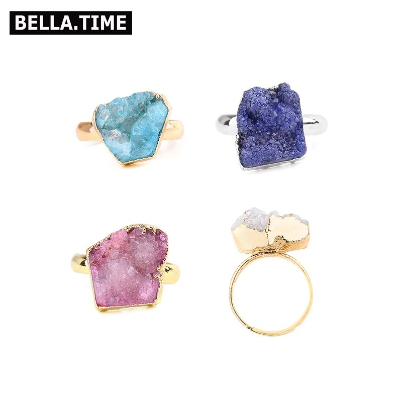 

BELLA.TIME Adjustable Natural Druzy Stone Gold Silver Rings For Women Bohemian Irregular Quartz Drusy Copper Rings Jewelry RI26