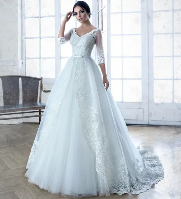 romántica elegante tul de manga larga vestidos novia de encaje