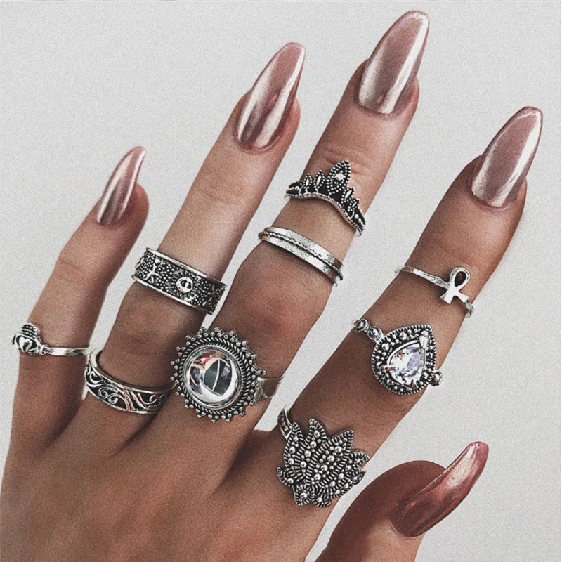 

9 Pcs/Set Women Fashion Boho Heart Crown Cross Water Drop Lotus Crystal Silver Joint Ring Set Lady Party Jewelry Gift