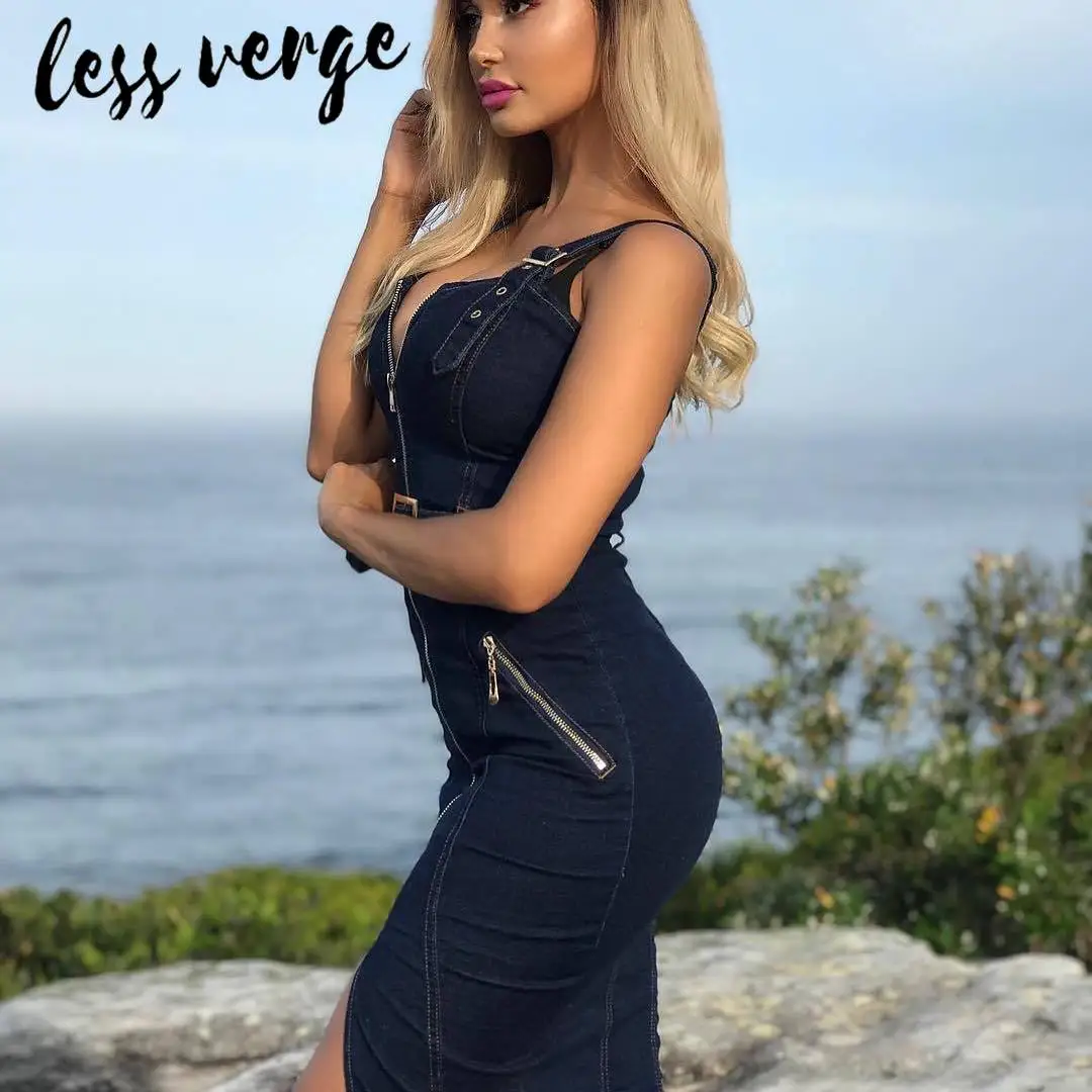 lessverge Backless bodycon denim midi dress women summer Zipper belt split party dress Sexy v neck strap jeans dresses vestidos