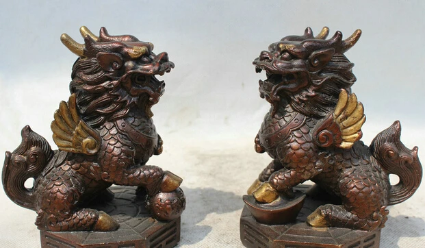 

JP S0524 6" Chinese Bronze Feng Shui Folk 8 Diagrams Fly Kylin Chi-lin Qilin Statue Pair