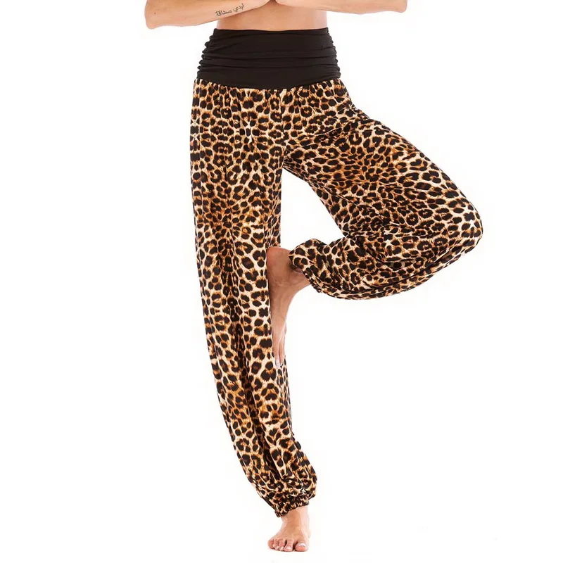 Плюс размер женские свободные штаны для йоги спортивные с высокой талией леопардовые полосатые женские леггинсы на бретельках Широкие штаны для тренировок в спортзале