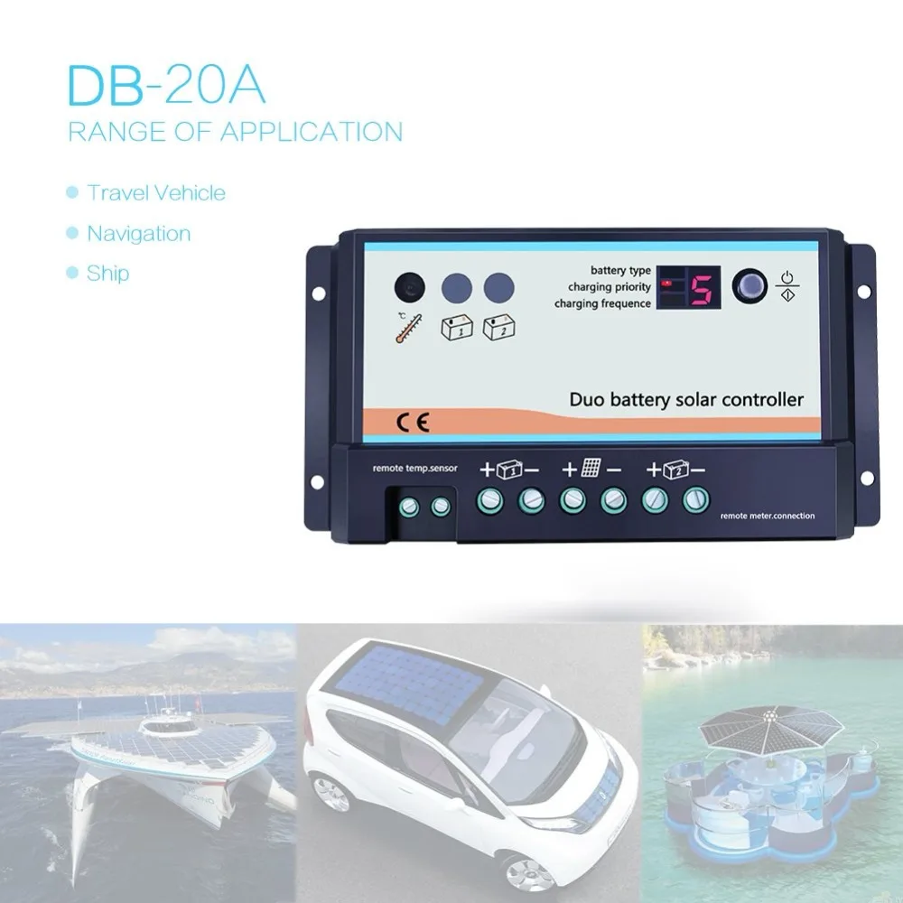 US $27.58 EPever PWM DB20A Dual Battery Solar Charge Controller 12V 24V Auto Remote Meter MT1 and connector Regulators Two Solar System