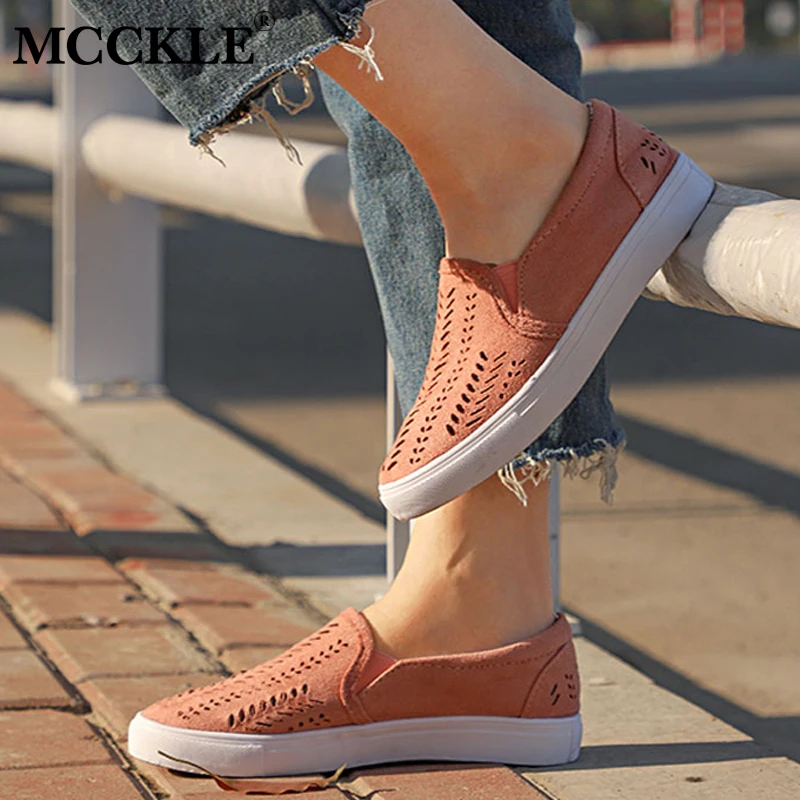 

MCCKLE Summer Casual Flats Women Sneakers Plus Size Cut-outs Slip-on Elastic Band Ladies Loafers Flock Footwear Female Shoes